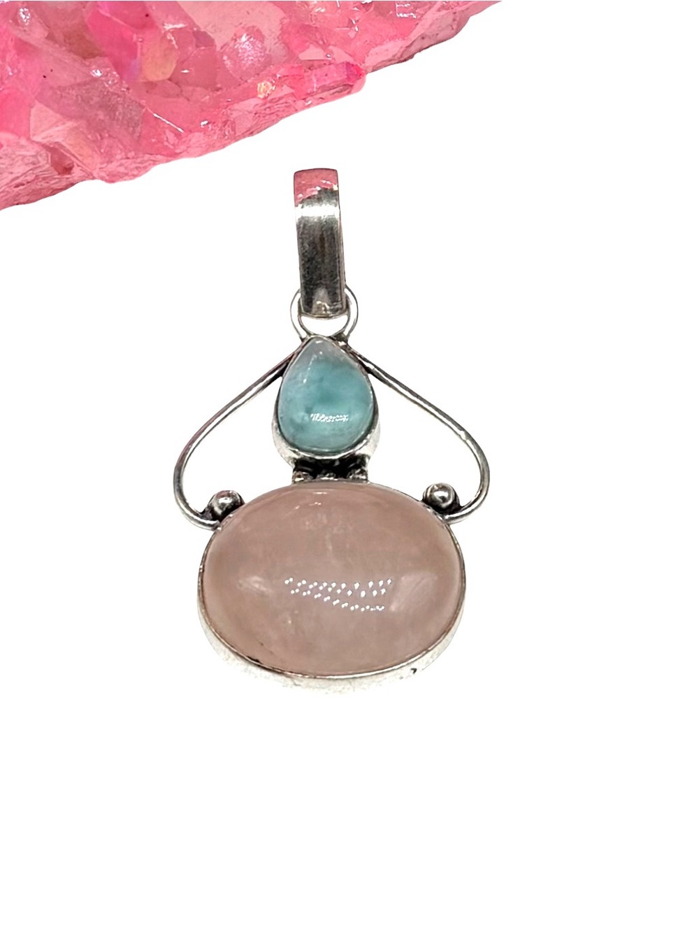 Rose Quartz Larimar Necklace Pendant 925 Sterling Silver Overlay